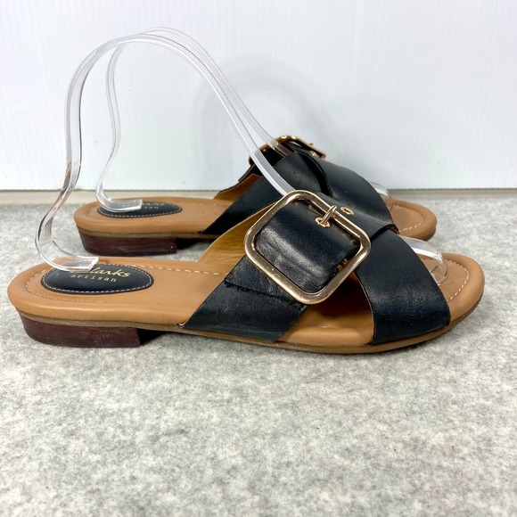 Clarks Black Leather Cross Strap Slip On Slide Sandals Womens 8.5 - Picture 2 of 10